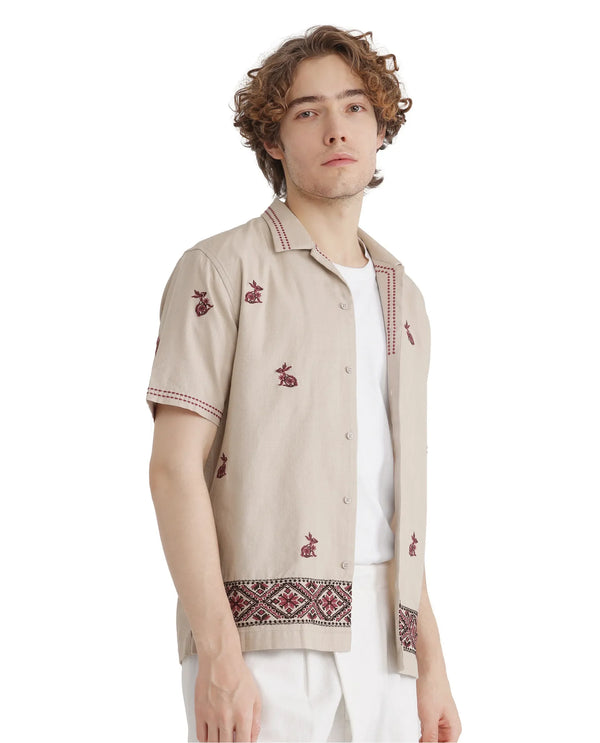 Rare Rabbit Men Bris Off White Cotton Fabric Plain Shirt