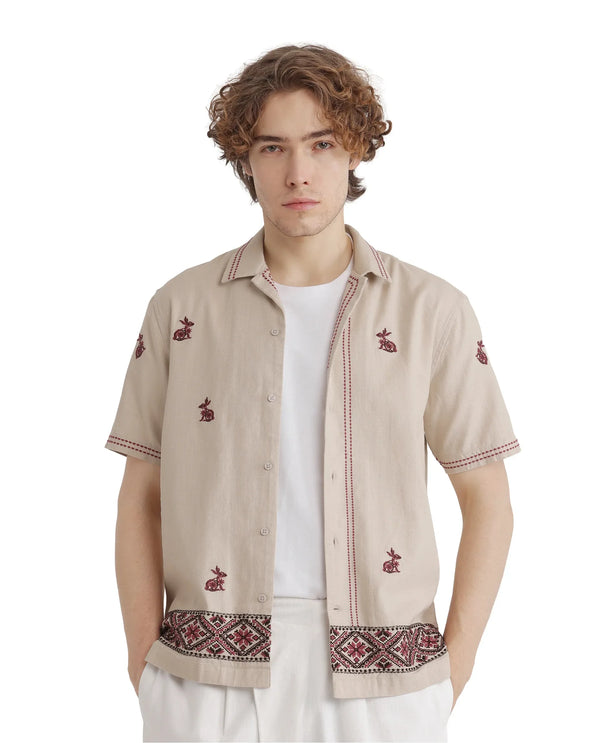 Rare Rabbit Men Bris Off White Cotton Fabric Plain Shirt