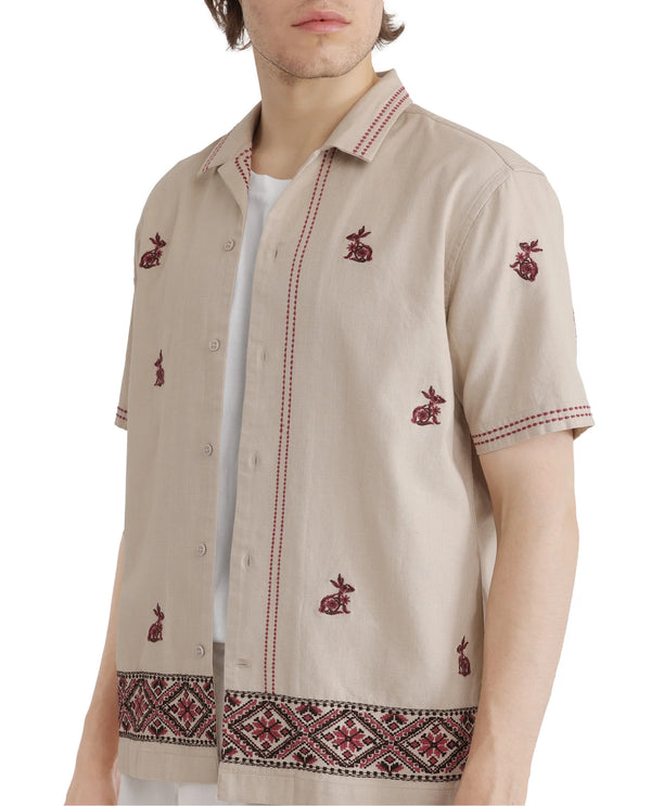 Rare Rabbit Men Bris Off White Cotton Fabric Plain Shirt