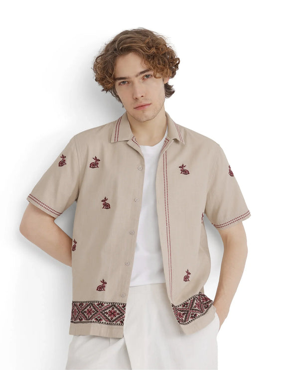 Rare Rabbit Men Bris Off White Cotton Fabric Plain Shirt