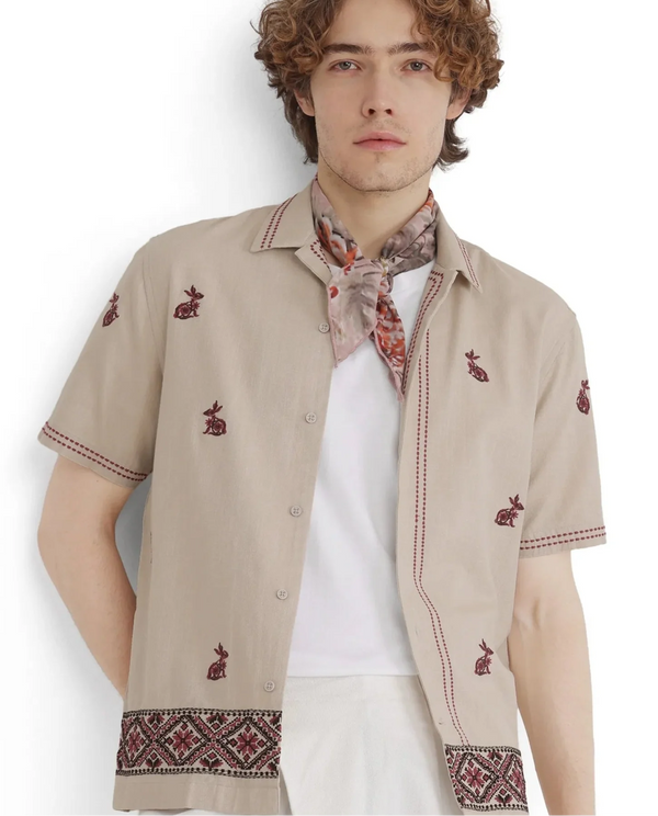 Rare Rabbit Men Bris Off White Cotton Fabric Plain Shirt