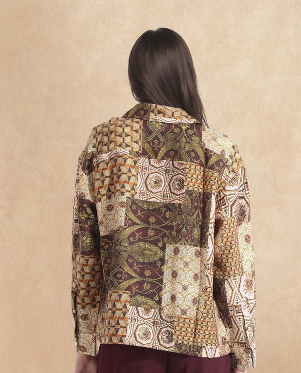 Rareism Women Broadway Brown Full Sleeve Lapel Neck Button Closure Relaxed Fit Abstract Print Top