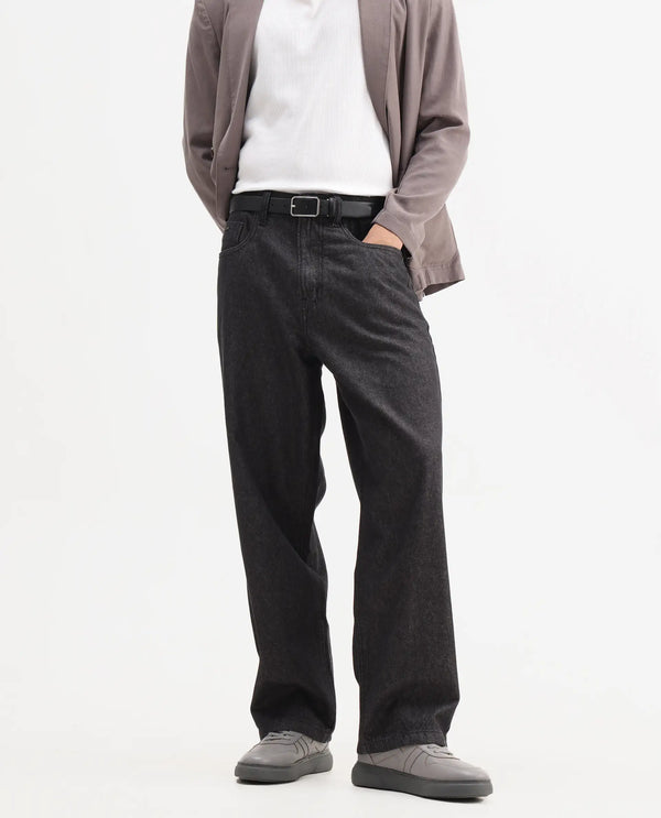 Rare Rabbit Men Bron Black Cotton Fabric Baggy Fit Dark Wash Plain Jeans