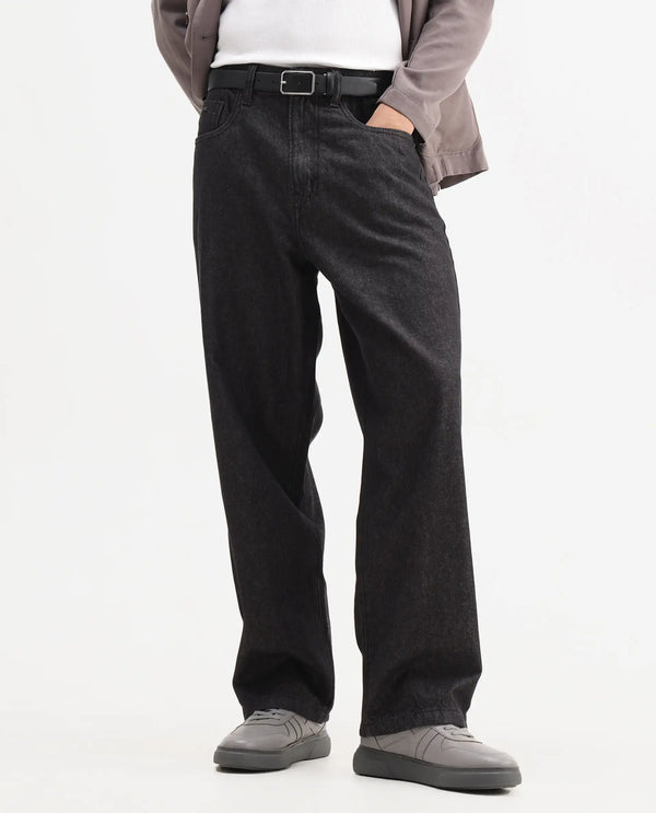 Rare Rabbit Men Bron Black Cotton Fabric Baggy Fit Dark Wash Plain Jeans