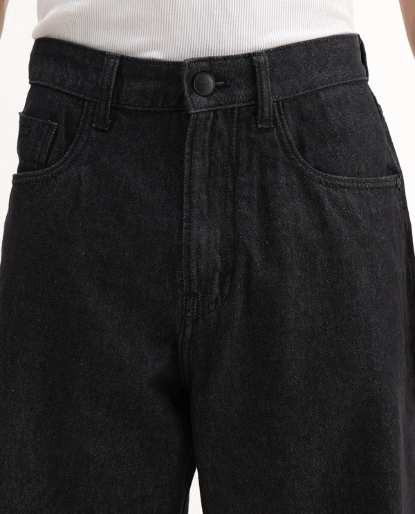 Rare Rabbit Men Bron Black Cotton Fabric Baggy Fit Dark Wash Plain Jeans