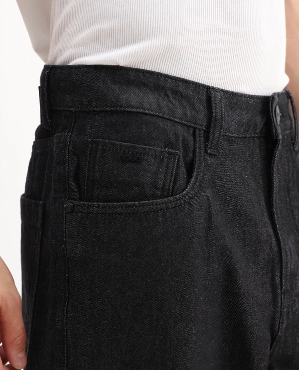 Rare Rabbit Men Bron Black Cotton Fabric Baggy Fit Dark Wash Plain Jeans