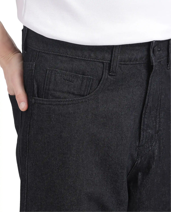 Rare Rabbit Men Bron Black Cotton Fabric Baggy Fit Dark Wash Plain Jeans