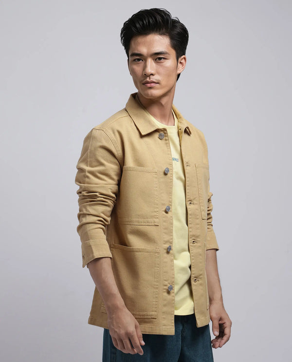 Rare Rabbit Men Brond Beige Cotton Fabric Full Sleeves Collared Neck Zipper Closure Plain Jacket