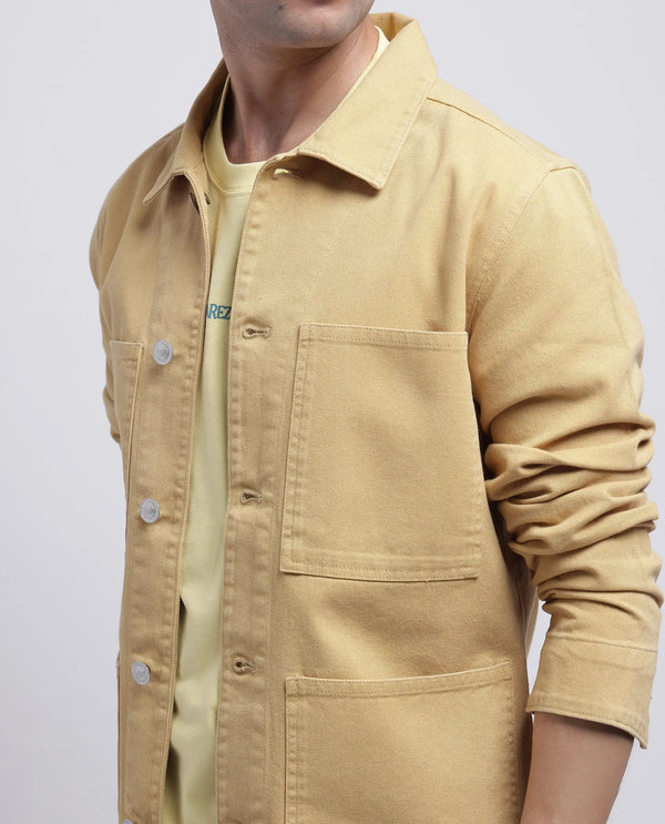 Rare Rabbit Men Brond Beige Cotton Fabric Full Sleeves Collared Neck Zipper Closure Plain Jacket