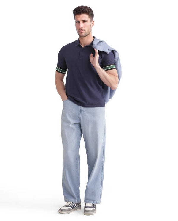Rare Rabbit Men Bron Light Blue Cotton Fabric Baggy Fit Dark Wash Plain Jeans