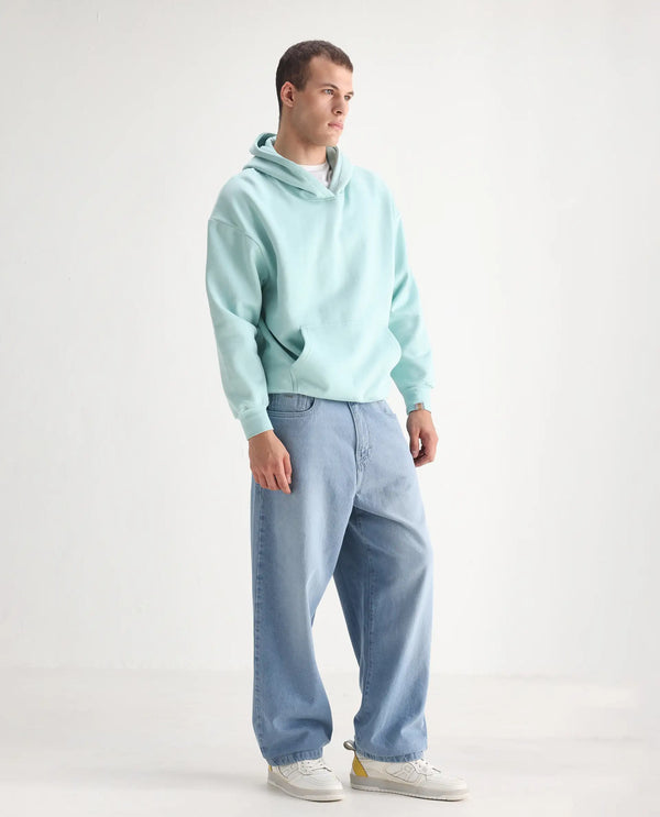 Rare Rabbit Men Bron Light Blue Cotton Fabric Baggy Fit Dark Wash Plain Jeans
