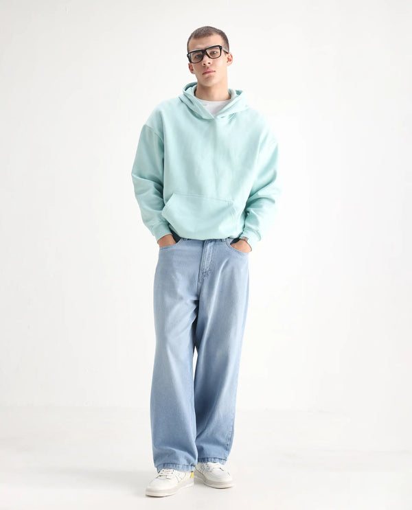 Rare Rabbit Men Bron Light Blue Cotton Fabric Baggy Fit Dark Wash Plain Jeans