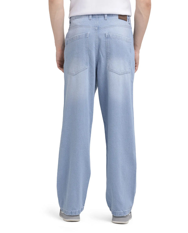 Rare Rabbit Men Bron Light Blue Cotton Fabric Baggy Fit Dark Wash Plain Jeans