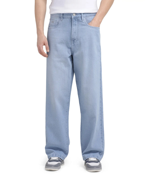 Rare Rabbit Men Bron Light Blue Cotton Fabric Baggy Fit Dark Wash Plain Jeans