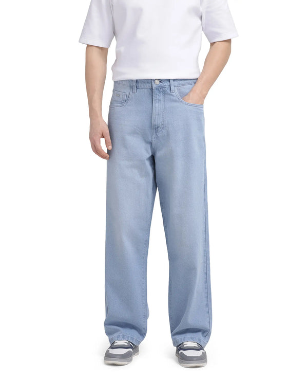 Rare Rabbit Men Bron Light Blue Cotton Fabric Baggy Fit Dark Wash Plain Jeans