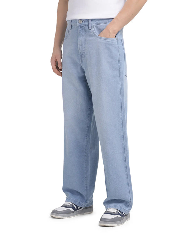 Rare Rabbit Men Bron Light Blue Cotton Fabric Baggy Fit Dark Wash Plain Jeans