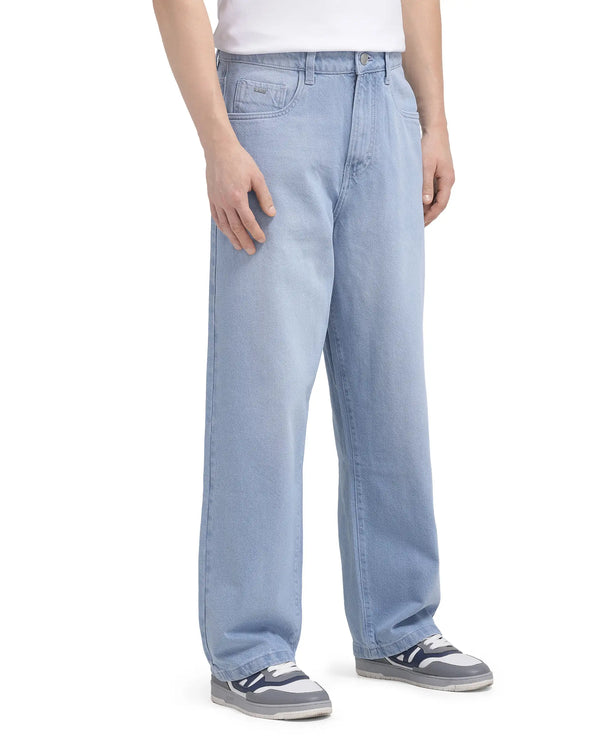 Rare Rabbit Men Bron Light Blue Cotton Fabric Baggy Fit Dark Wash Plain Jeans