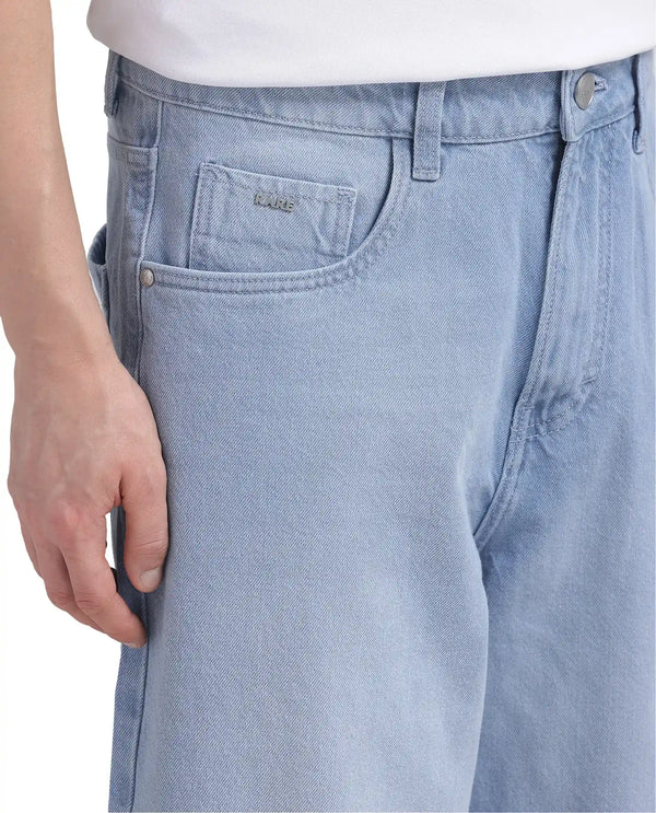 Rare Rabbit Men Bron Light Blue Cotton Fabric Baggy Fit Dark Wash Plain Jeans