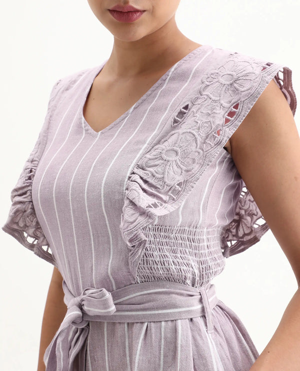 Rareism Women Bronte Purple Cotton Linen Fabric Regular Fit V-Neck Striped Playsuit