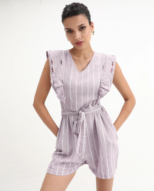 Rareism Women Bronte Purple Cotton Linen Fabric Regular Fit V-Neck Striped Playsuit