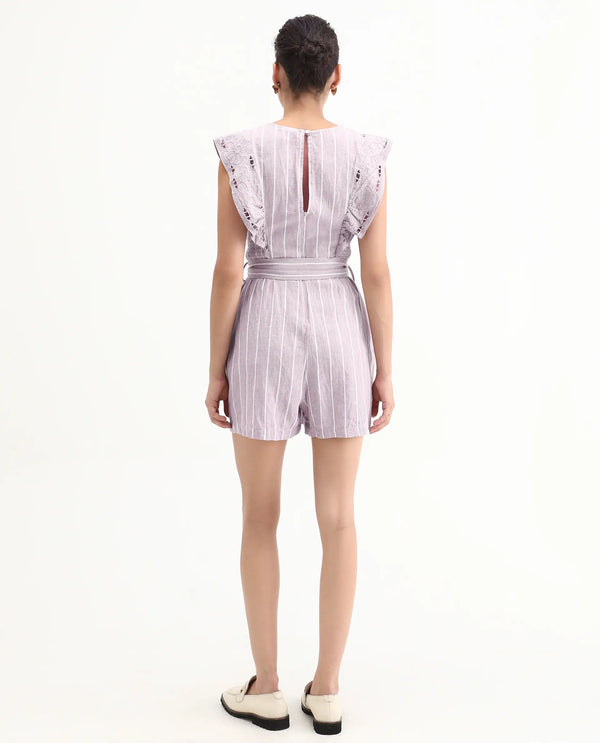 Rareism Women Bronte Purple Cotton Linen Fabric Regular Fit V-Neck Striped Playsuit