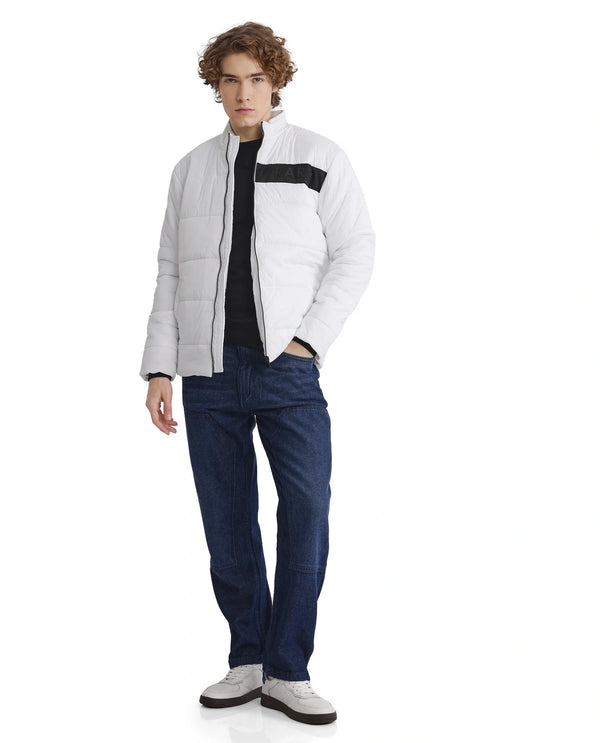 Rare Rabbit Men's Bront White Nylon Fabric Full Sleeve Curved Collar Regular Fit Plain Jacket