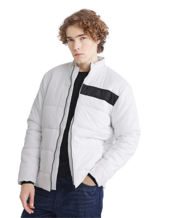 Rare Rabbit Men's Bront White Nylon Fabric Full Sleeve Curved Collar Regular Fit Plain Jacket