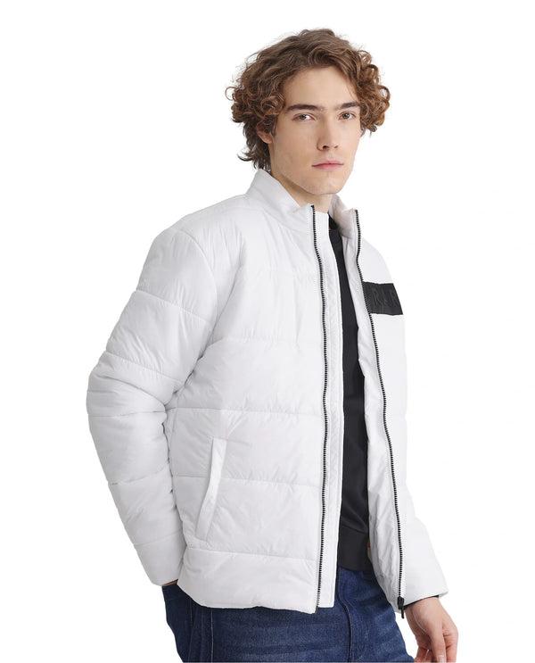 Rare Rabbit Men's Bront White Nylon Fabric Full Sleeve Curved Collar Regular Fit Plain Jacket
