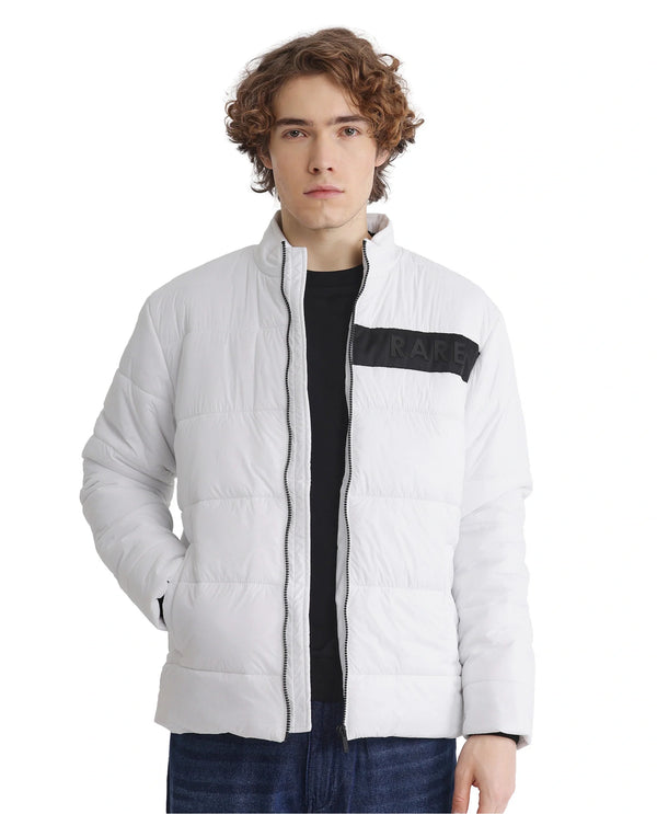 Rare Rabbit Men's Bront White Nylon Fabric Full Sleeve Curved Collar Regular Fit Plain Jacket