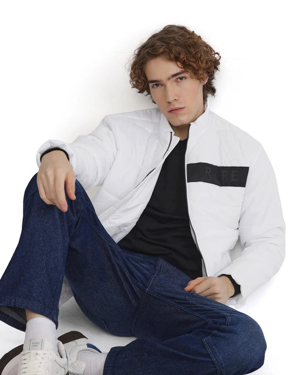 Rare Rabbit Men's Bront White Nylon Fabric Full Sleeve Curved Collar Regular Fit Plain Jacket