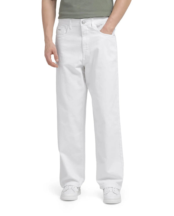 Rare Rabbit Men Bron White Cotton Fabric Baggy Fit Dark Wash Plain Jeans