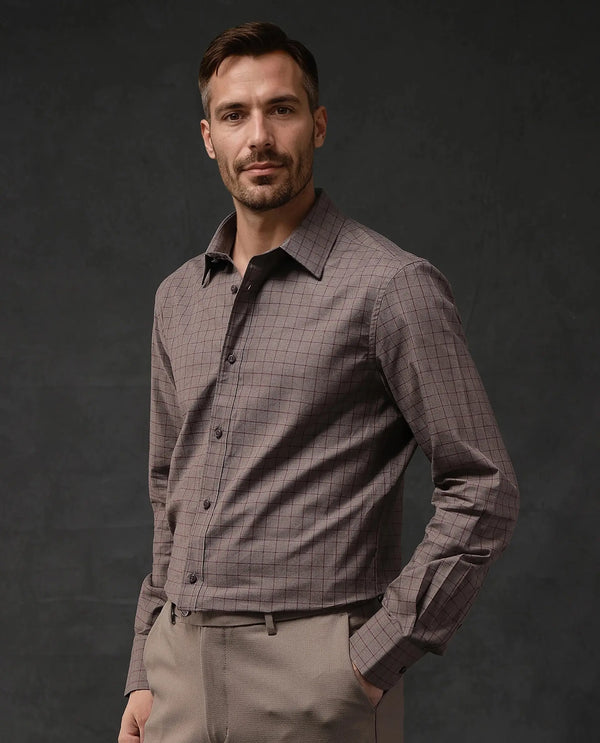 Rare Rabbit Men Bronz Brown Cotton Fabric Full Sleeve Regular Fit Check Shirt