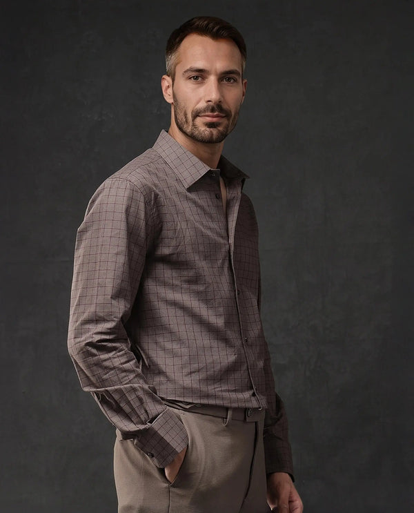 Rare Rabbit Men Bronz Brown Cotton Fabric Full Sleeve Regular Fit Check Shirt