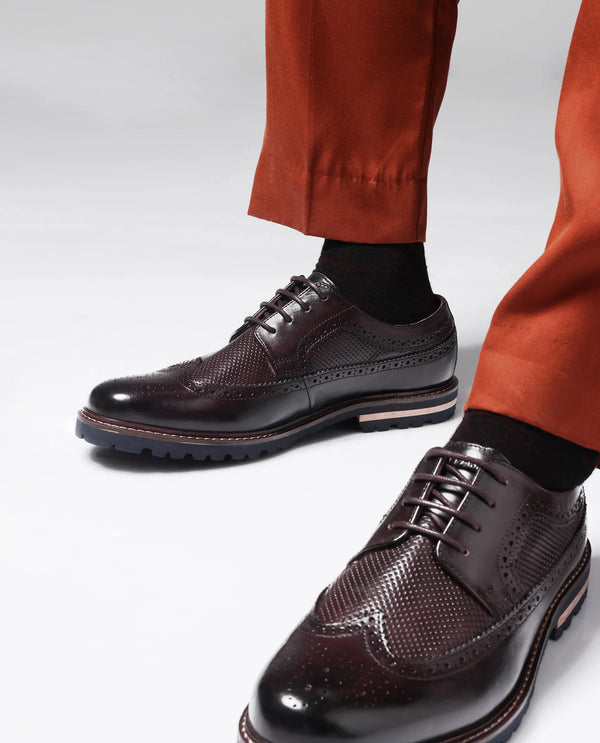 Rare Rabbit Mens Brox Maroon Derby Lace-Up Brogue Detailing Leather Formal Shoes
