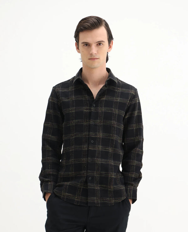 Rare Rabbit Men's Brule Black Polyester Blend Fabric Full Sleeves Collared Neck Button Closure Checked Shirt