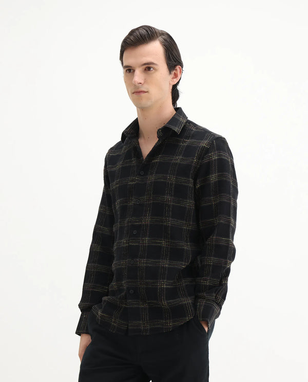 Rare Rabbit Men's Brule Black Polyester Blend Fabric Full Sleeves Collared Neck Button Closure Checked Shirt