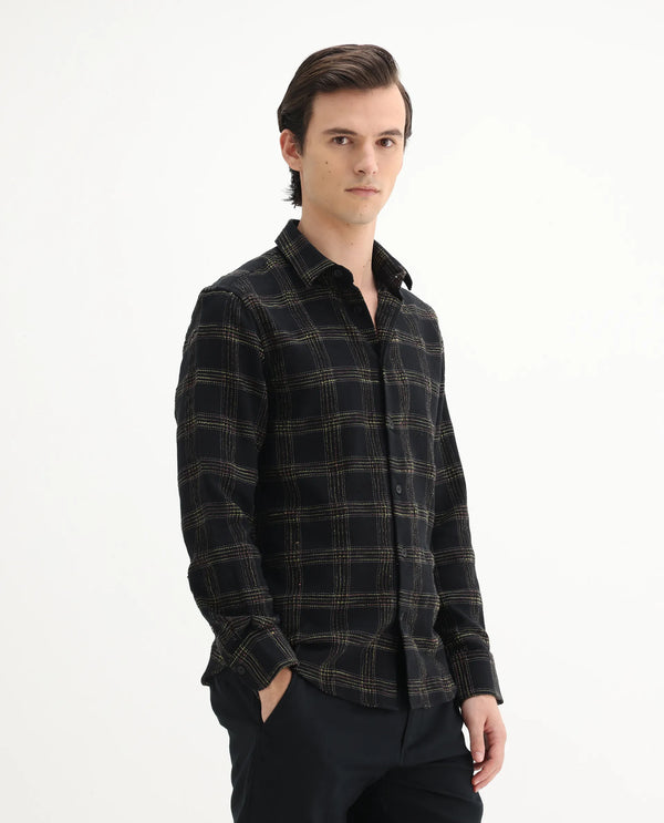 Rare Rabbit Men's Brule Black Polyester Blend Fabric Full Sleeves Collared Neck Button Closure Checked Shirt