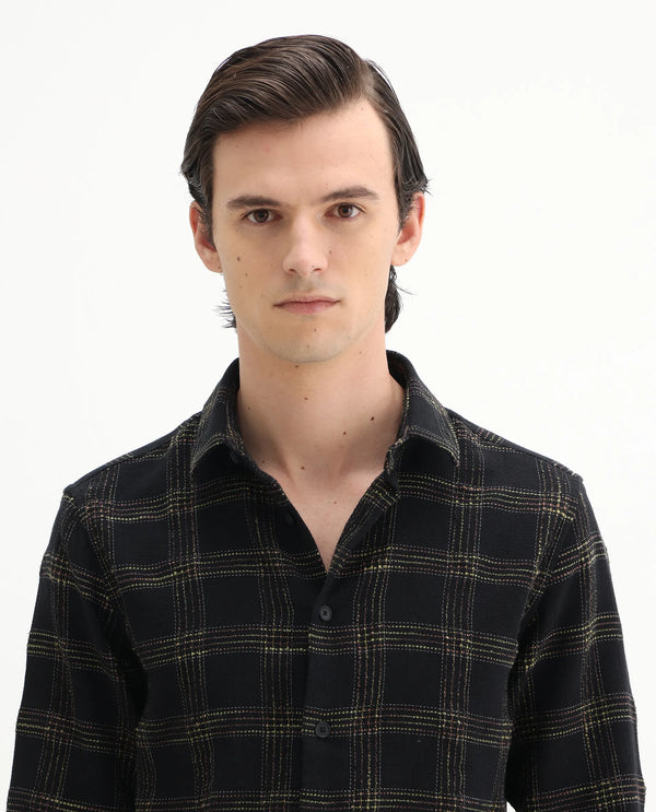 Rare Rabbit Men's Brule Black Polyester Blend Fabric Full Sleeves Collared Neck Button Closure Checked Shirt
