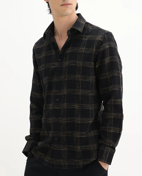 Rare Rabbit Men's Brule Black Polyester Blend Fabric Full Sleeves Collared Neck Button Closure Checked Shirt