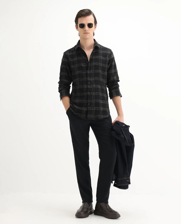 Rare Rabbit Men's Brule Black Polyester Blend Fabric Full Sleeves Collared Neck Button Closure Checked Shirt