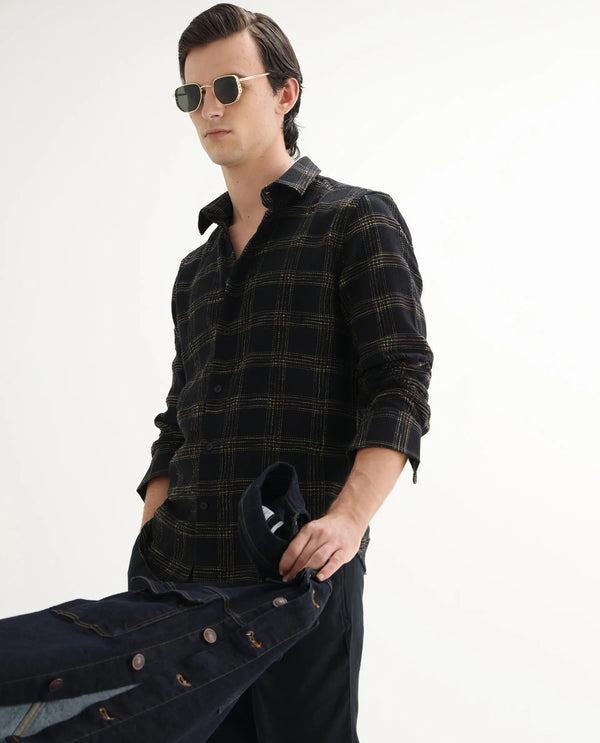 Rare Rabbit Men's Brule Black Polyester Blend Fabric Full Sleeves Collared Neck Button Closure Checked Shirt