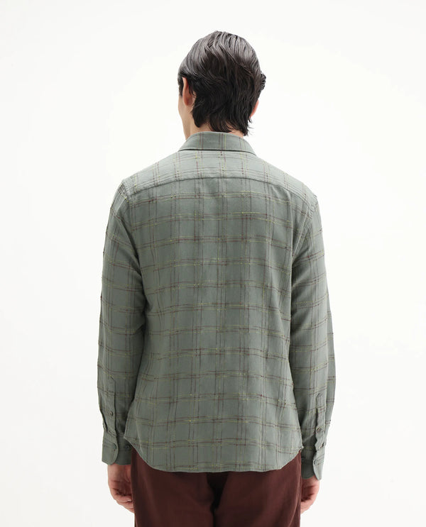 Rare Rabbit Men's Brule Green Polyester Blend Fabric Full Sleeves Collared Neck Button Closure Checked Shirt