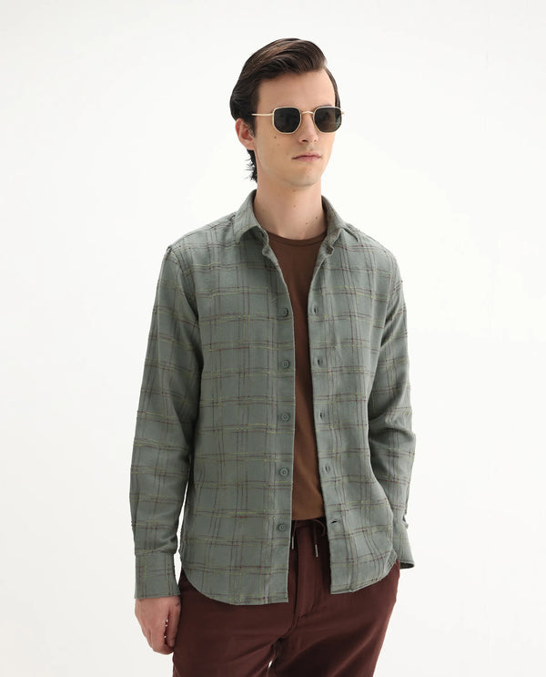 Rare Rabbit Men's Brule Green Polyester Blend Fabric Full Sleeves Collared Neck Button Closure Checked Shirt