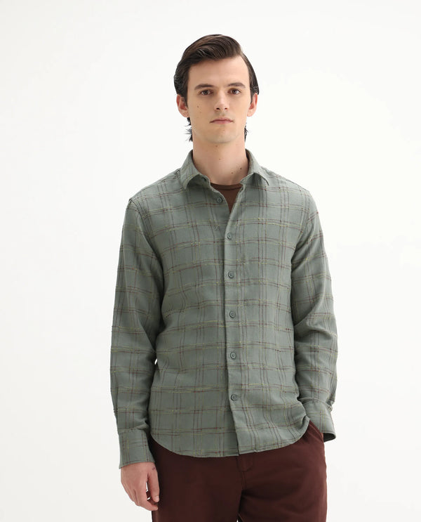 Rare Rabbit Men's Brule Green Polyester Blend Fabric Full Sleeves Collared Neck Button Closure Checked Shirt