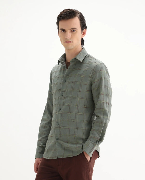 Rare Rabbit Men's Brule Green Polyester Blend Fabric Full Sleeves Collared Neck Button Closure Checked Shirt