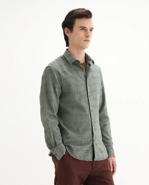 Rare Rabbit Men's Brule Green Polyester Blend Fabric Full Sleeves Collared Neck Button Closure Checked Shirt