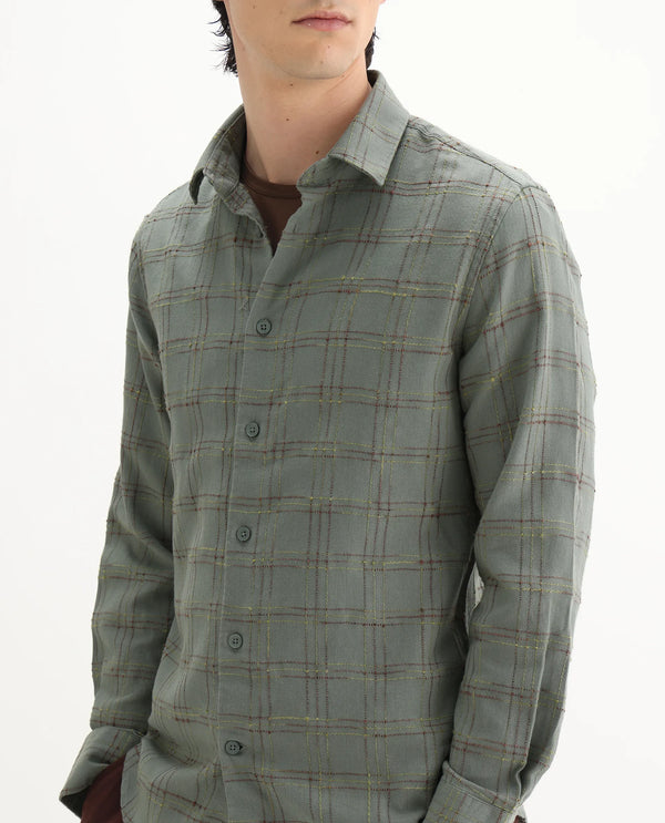 Rare Rabbit Men's Brule Green Polyester Blend Fabric Full Sleeves Collared Neck Button Closure Checked Shirt