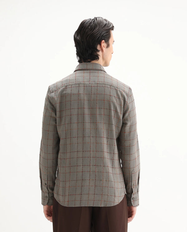 Rare Rabbit Men's Brule Grey Polyester Blend Fabric Full Sleeves Collared Neck Button Closure Checked Shirt