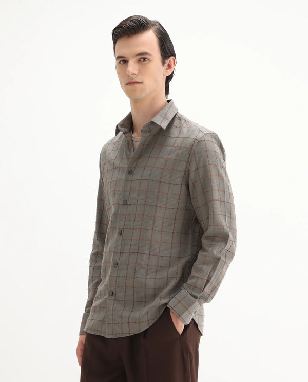Rare Rabbit Men's Brule Grey Polyester Blend Fabric Full Sleeves Collared Neck Button Closure Checked Shirt