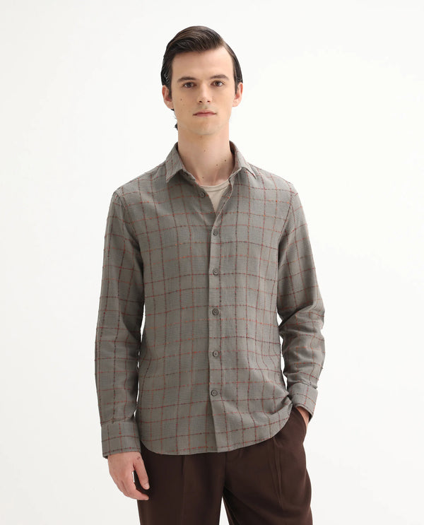 Rare Rabbit Men's Brule Grey Polyester Blend Fabric Full Sleeves Collared Neck Button Closure Checked Shirt